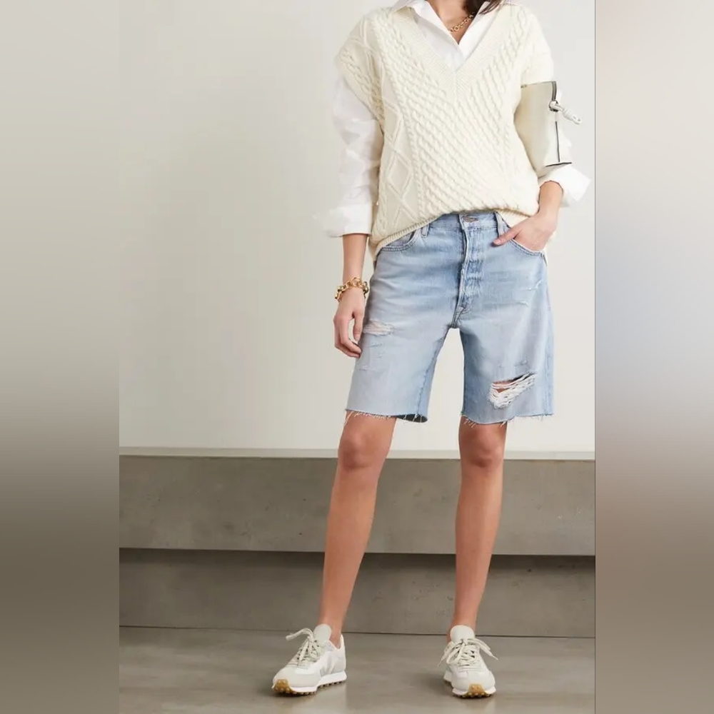 FRAME Le Slouch Bermuda Distressed Denim Shorts, Slouchy Relaxed Fit, Size 25